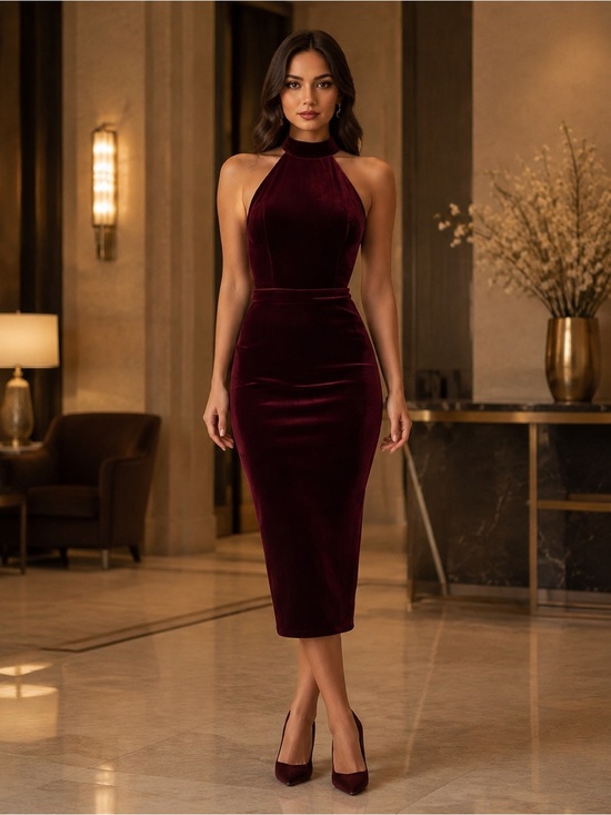 Pretty Woman Boutique Dresses & Skirts - Burgundy Velour Halter Neck Bodycon Midi Dress